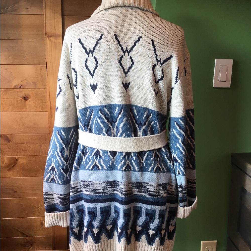 Lucky Brand Tribal Aztec Longline Open Cardigan Shawl Collar with Belt Boho - Picture 4 of 6